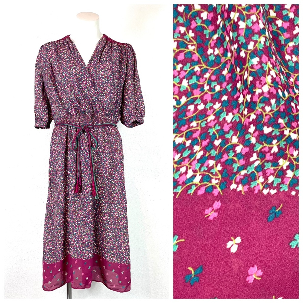 Vintage 1970s Leslie Fay Retro Ditsy Floral Modest Surplice Top Dress Size 6/8
